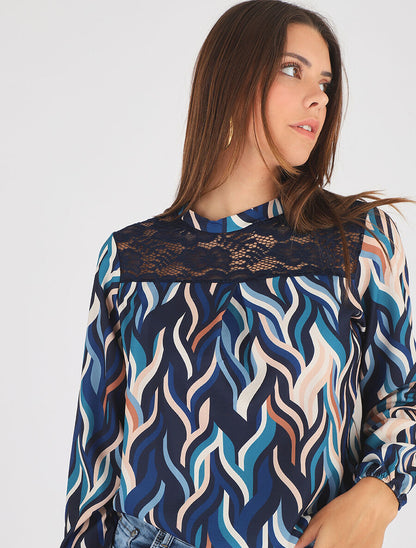 Top imprimé graphique et dentelle - Bleu - 4