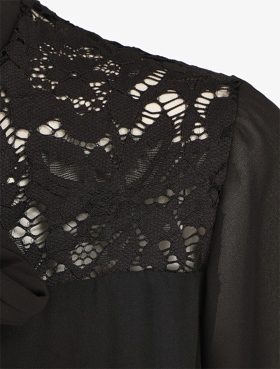 Top droit à dentelle et col lavallière - Noir - 3