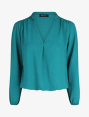 Blouse droite unie à manches longues et col V - Bleu canard - 6