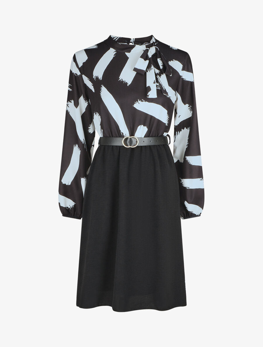 Robe évasée manches longues imprimé abstrait - Noir - 1