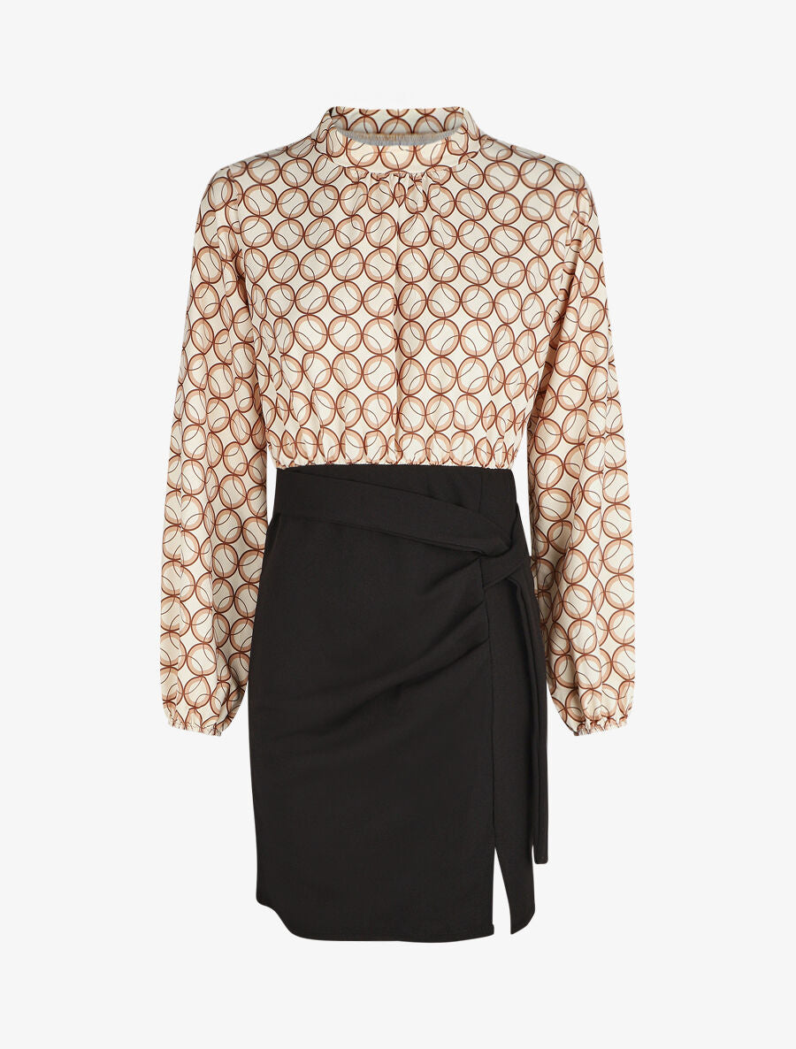 Robe courte ajustée à noeud et imprimé graphique - Beige - 7