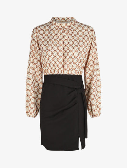 Robe courte ajustée à noeud et imprimé graphique - Beige - 7