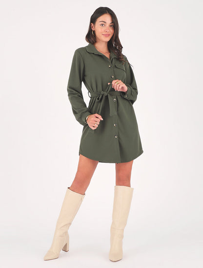 Robe chemise courte manches longues - Kaki - 4