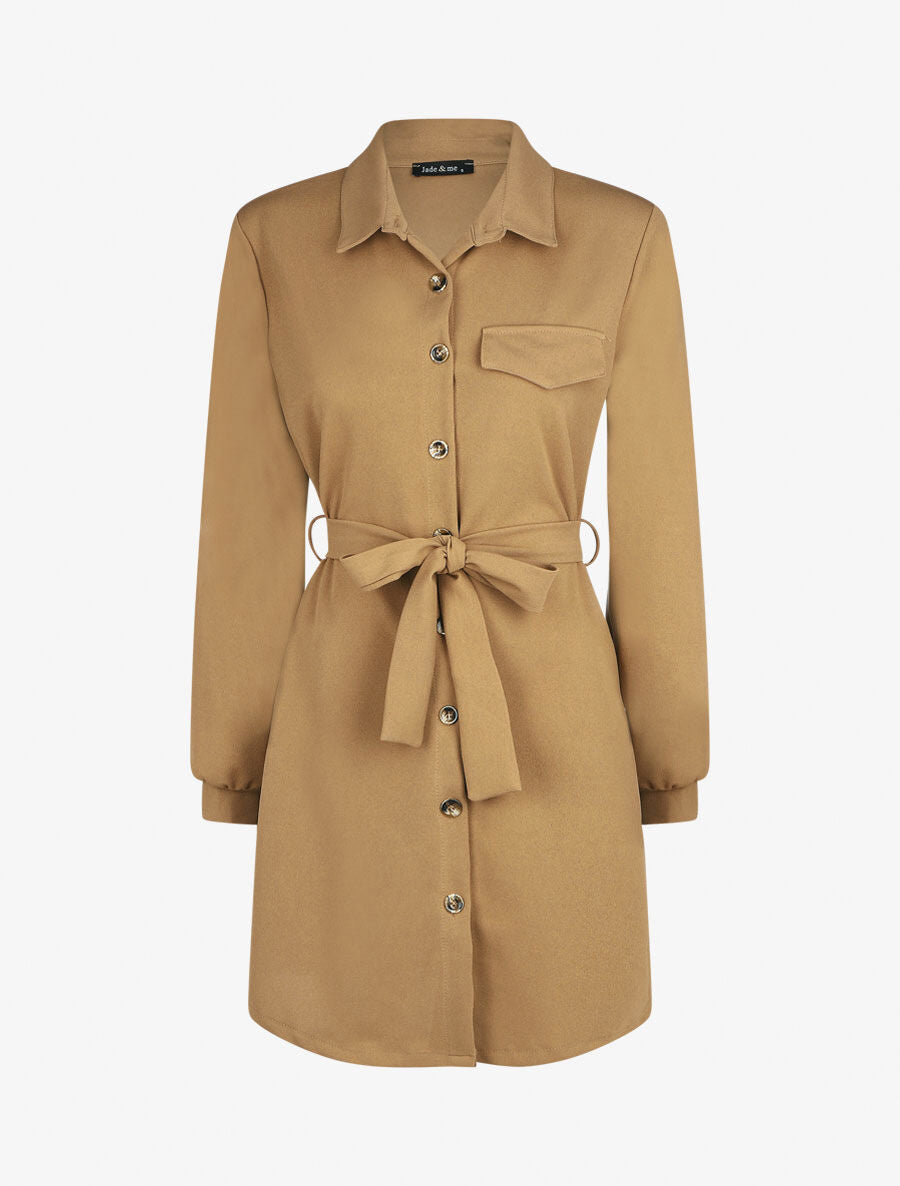 Robe chemise courte manches longues - Camel - 1