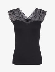 Top côtelé à épaules en dentelle - Noir - 1