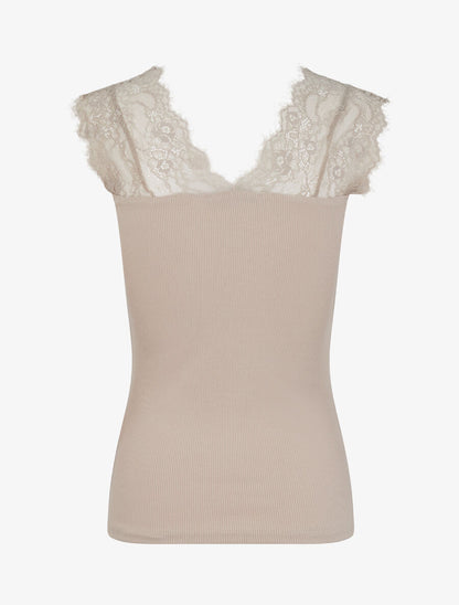 Top côtelé à épaules en dentelle - Beige - 2