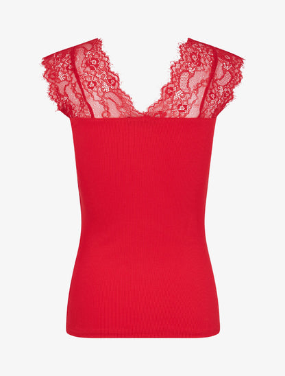 Top côtelé à épaules en dentelle - Rouge - 2