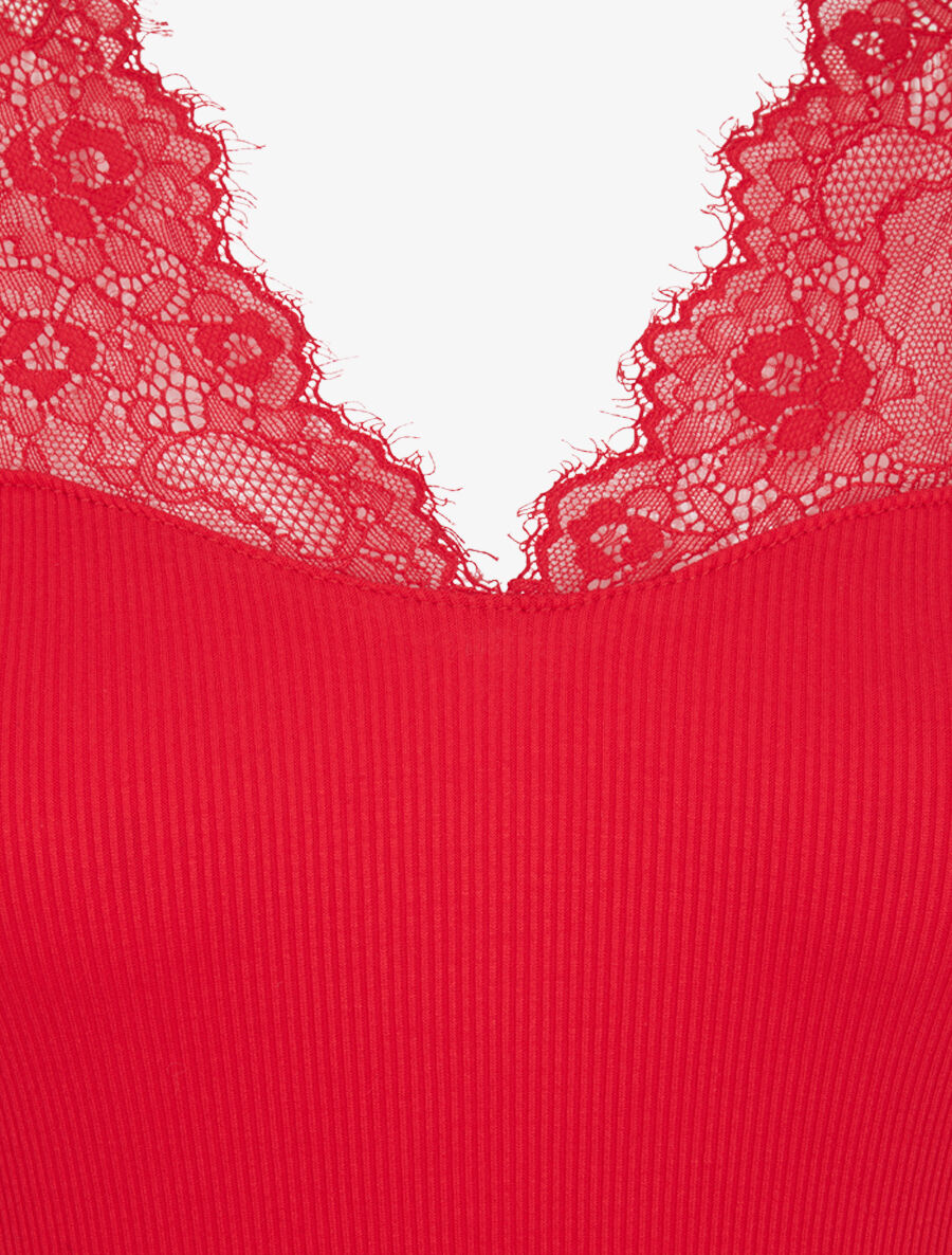 Top côtelé à épaules en dentelle - Rouge - 3