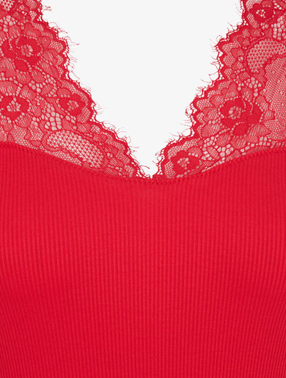 Top côtelé à épaules en dentelle - Rouge - 3