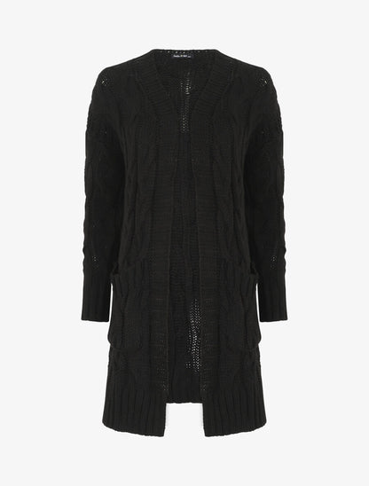 Gilet long en maille tressée - Noir - 4
