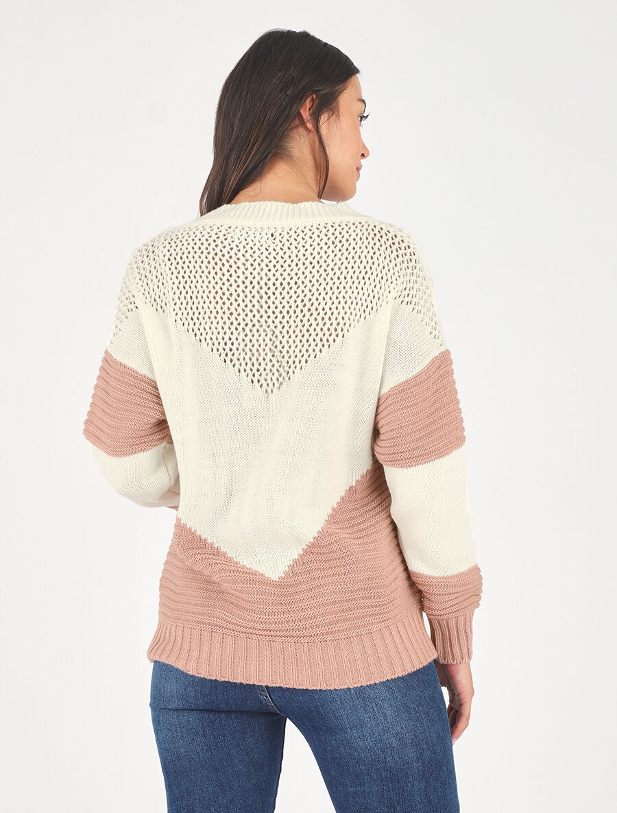 Pull droit à motif en V - Rose - 5