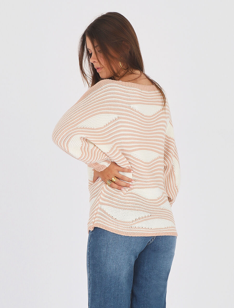 Pull ample à motif rayé fantaisie - Rose - 5
