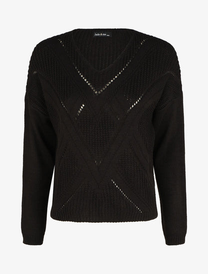 Pull droit col V uni - Noir - 4