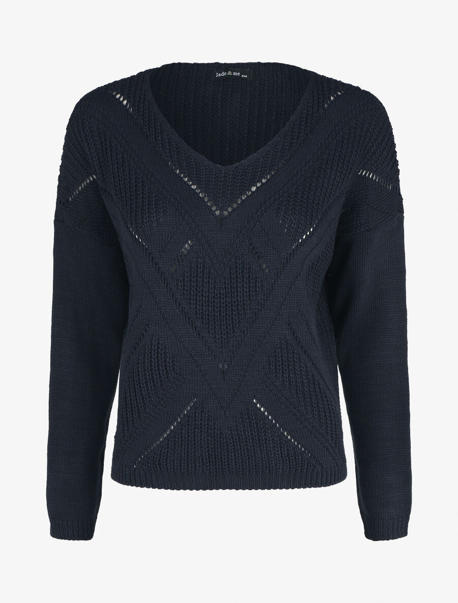 Pull droit col V uni - Marine - 4