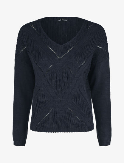 Pull droit col V uni - Marine - 4