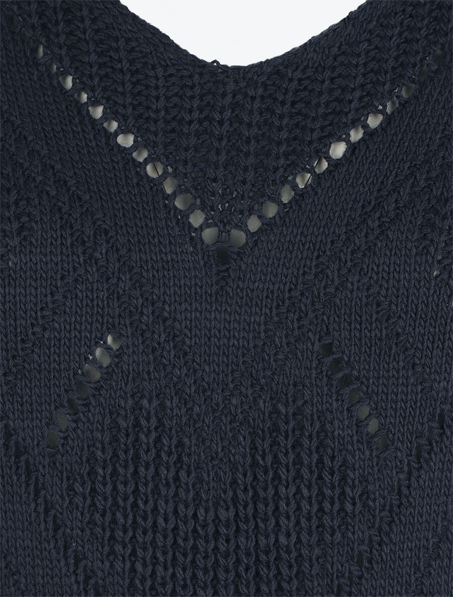 Pull droit col V uni - Marine - 3