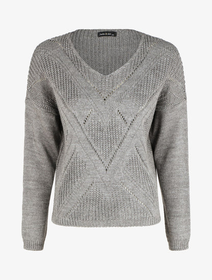 Pull droit col V uni - Gris - 4