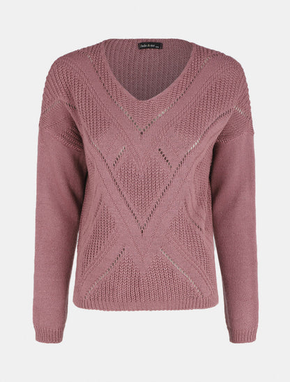 Pull droit col V uni - Vieux rose - 1
