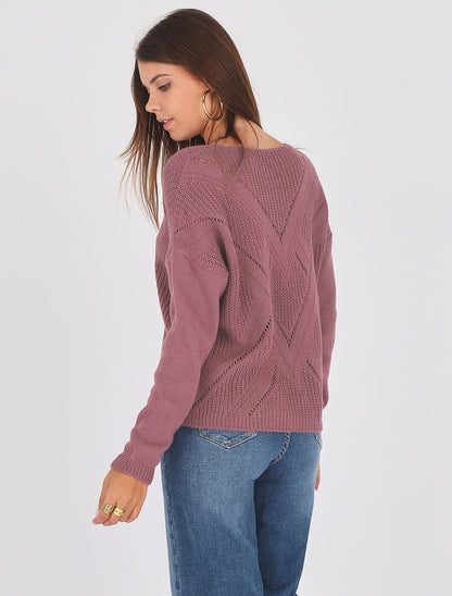 Pull droit col V uni - Vieux rose - 5