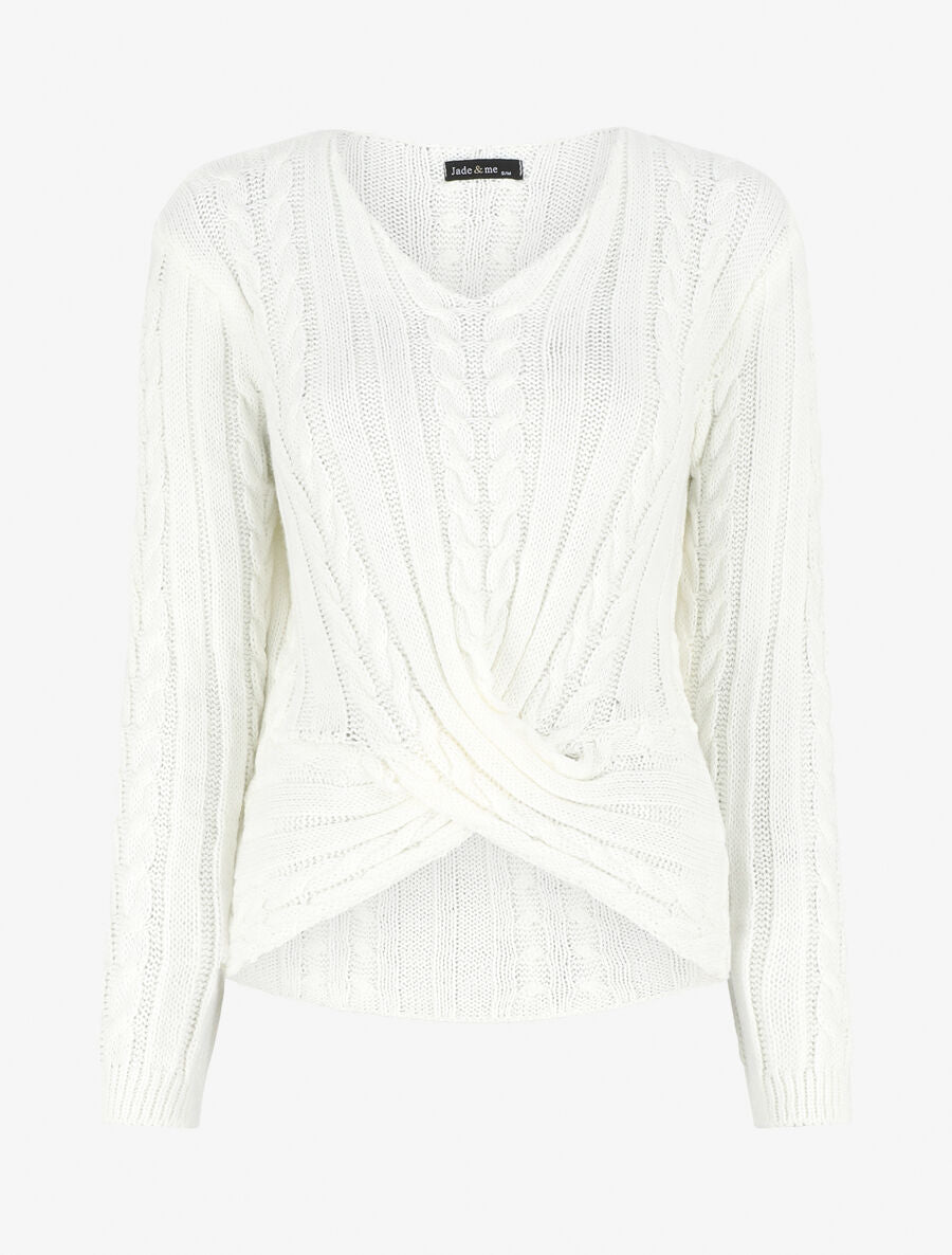 Pull droit torsadé en maille tressée - Blanc - 1