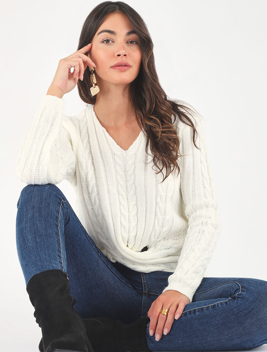 Pull droit torsadé en maille tressée - Blanc - 4