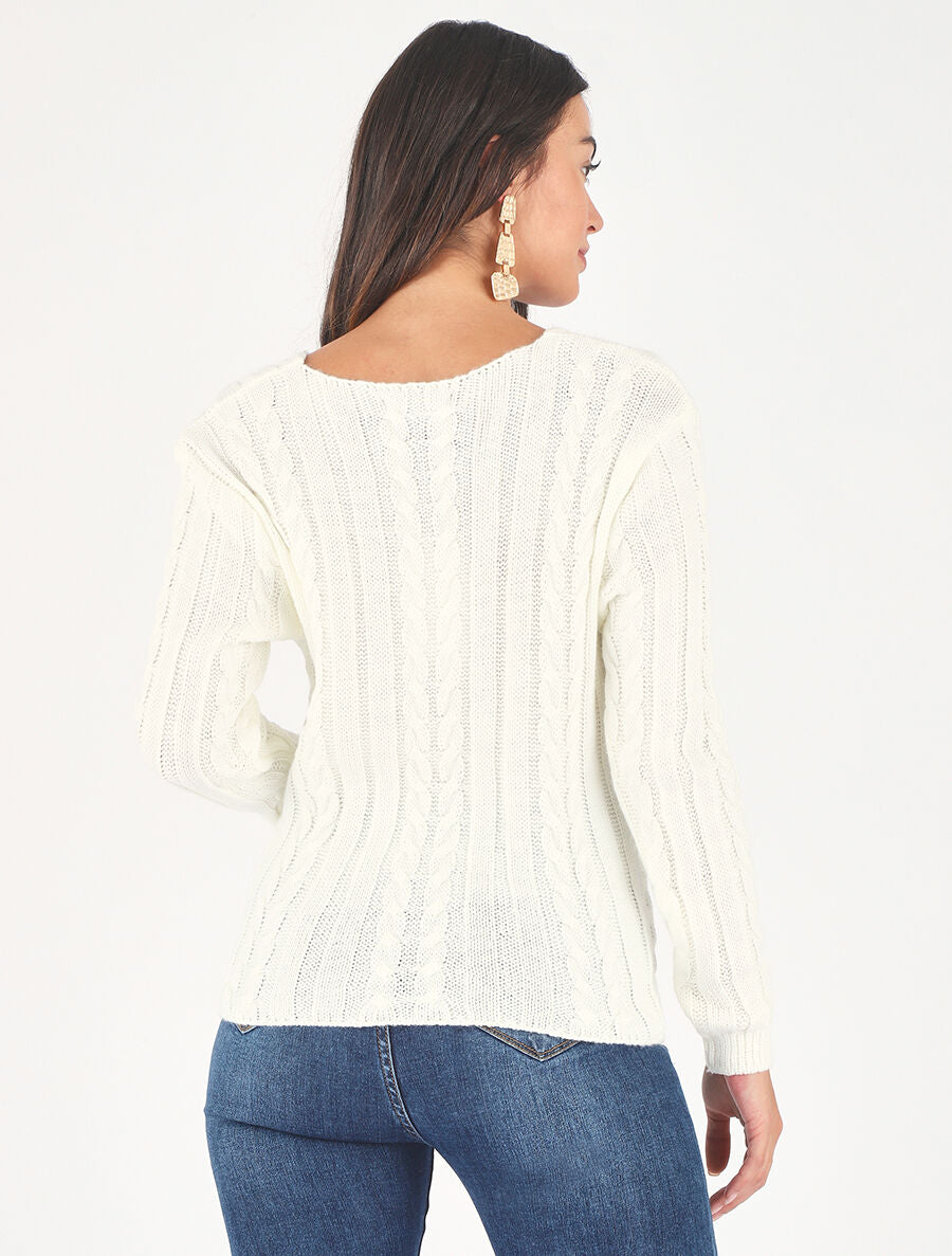 Pull droit torsadé en maille tressée - Blanc - 5