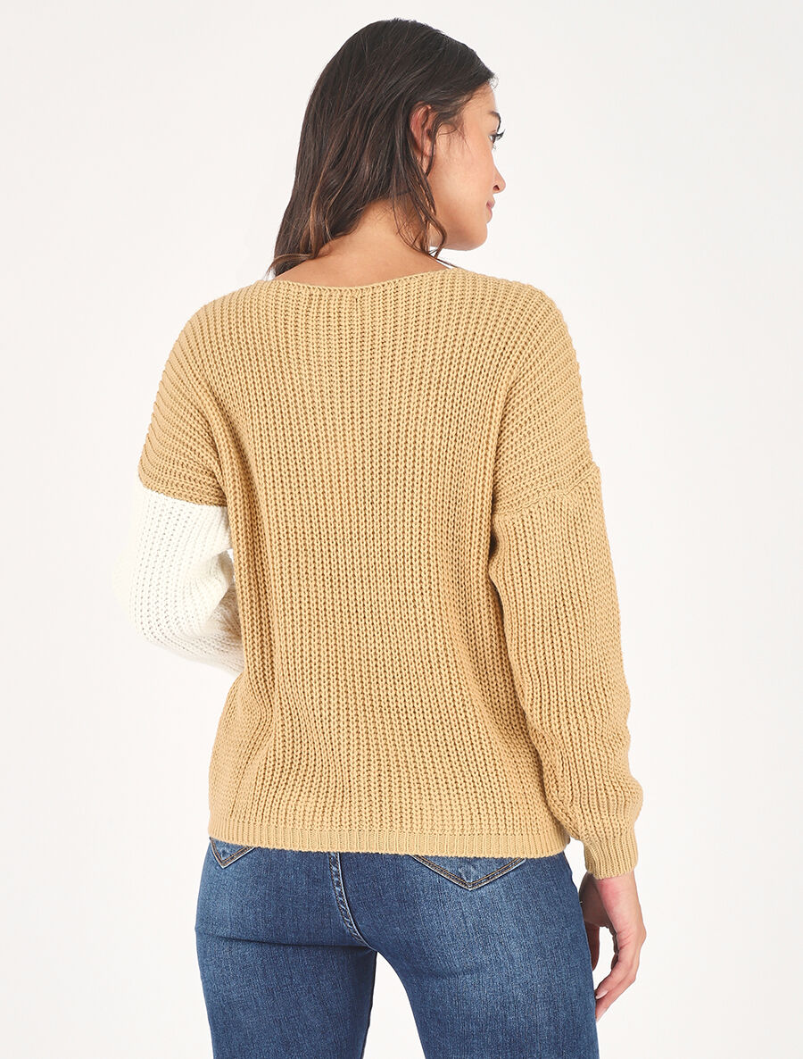 Pull droit bicolore - Beige/blanc - 5