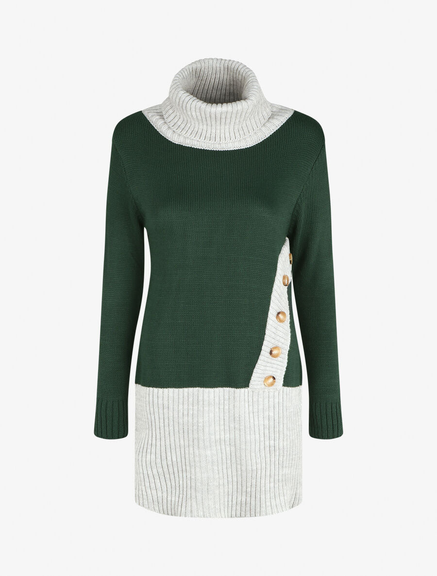 Robe pull col roulé à bouton - Vert foncé - 1