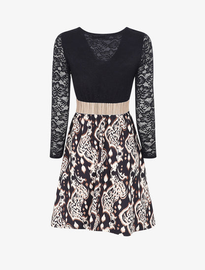 Robe à imprimé graphique et dentelle - Noir - 2