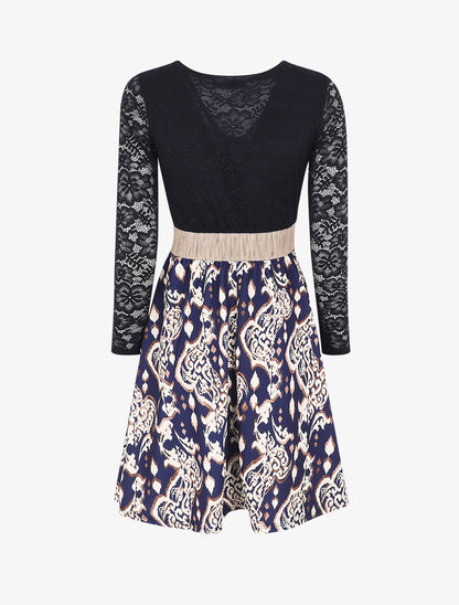 Robe à imprimé graphique et dentelle - Marine - 2