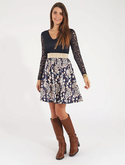 Robe à imprimé graphique et dentelle - Marine - 4