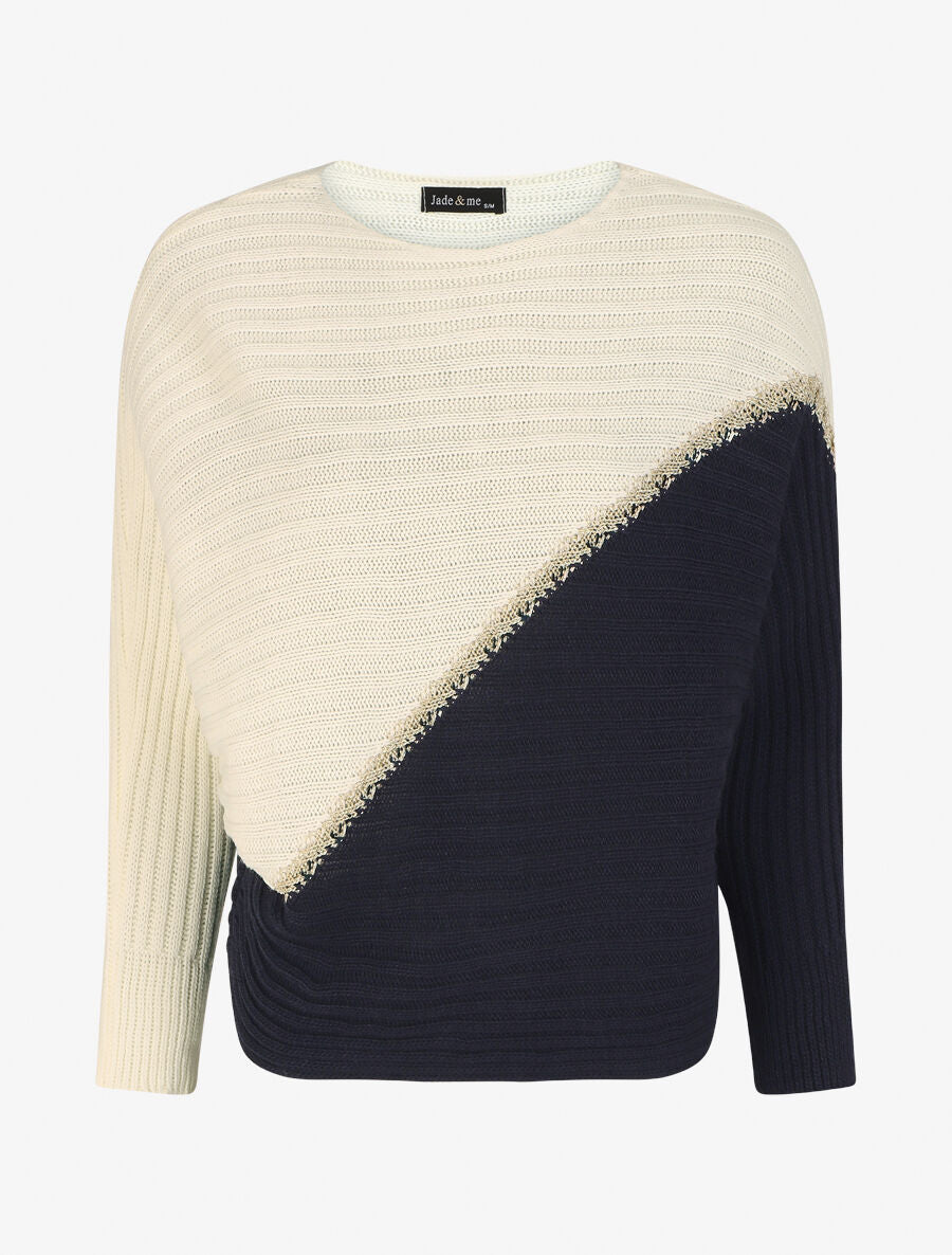 Pull loose manches chauve-souris - Blanc/marine - 1