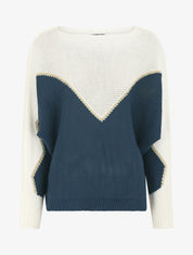 Pull loose col bateau et motif en V - Blanc/bleu - 4