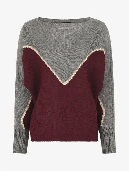 Pull loose col bateau et motif en V - Gris/prune - 1