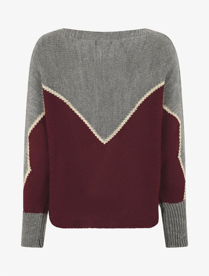 Pull loose col bateau et motif en V - Gris/prune - 2