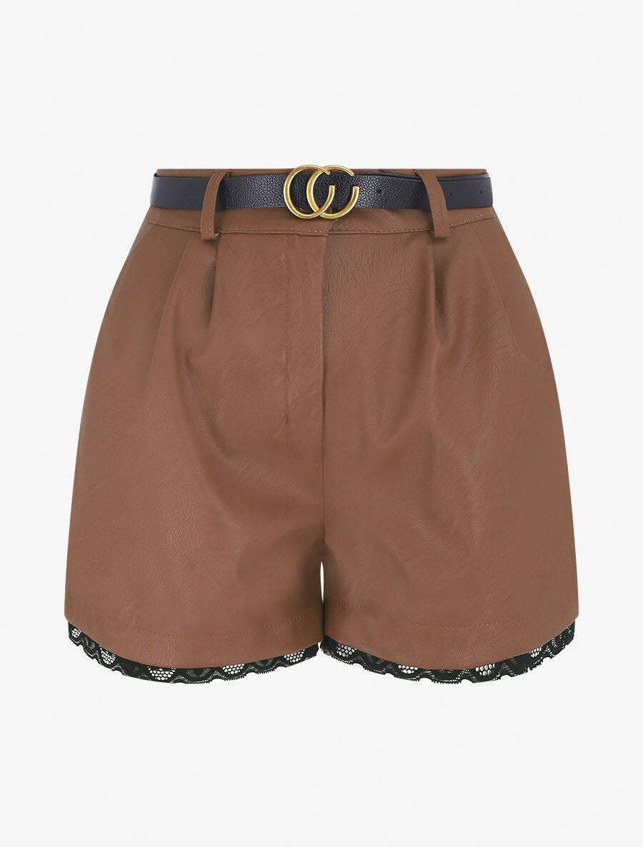 Short en simili à détail dentelle - Camel - 6