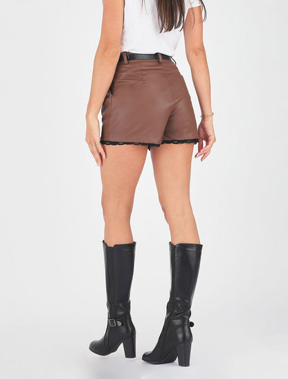 Short en simili à détail dentelle - Camel - 5