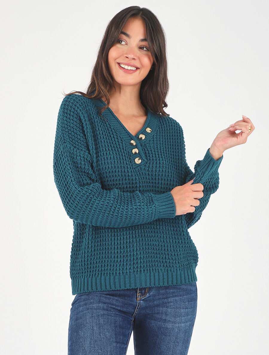 Pull droit uni col V boutonné - Bleu canard - 4