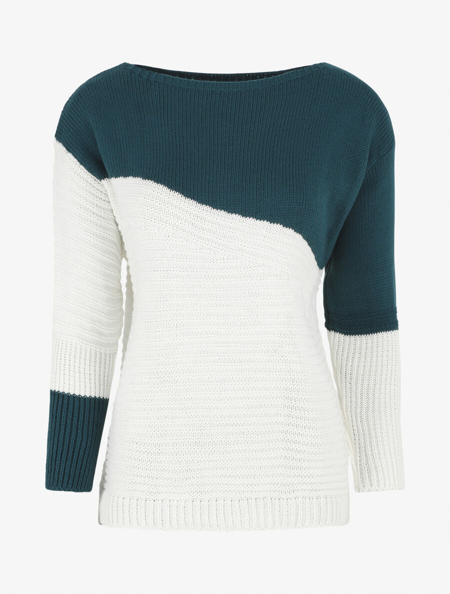 Pull droit texturé col bateau - Bleu canard - 1