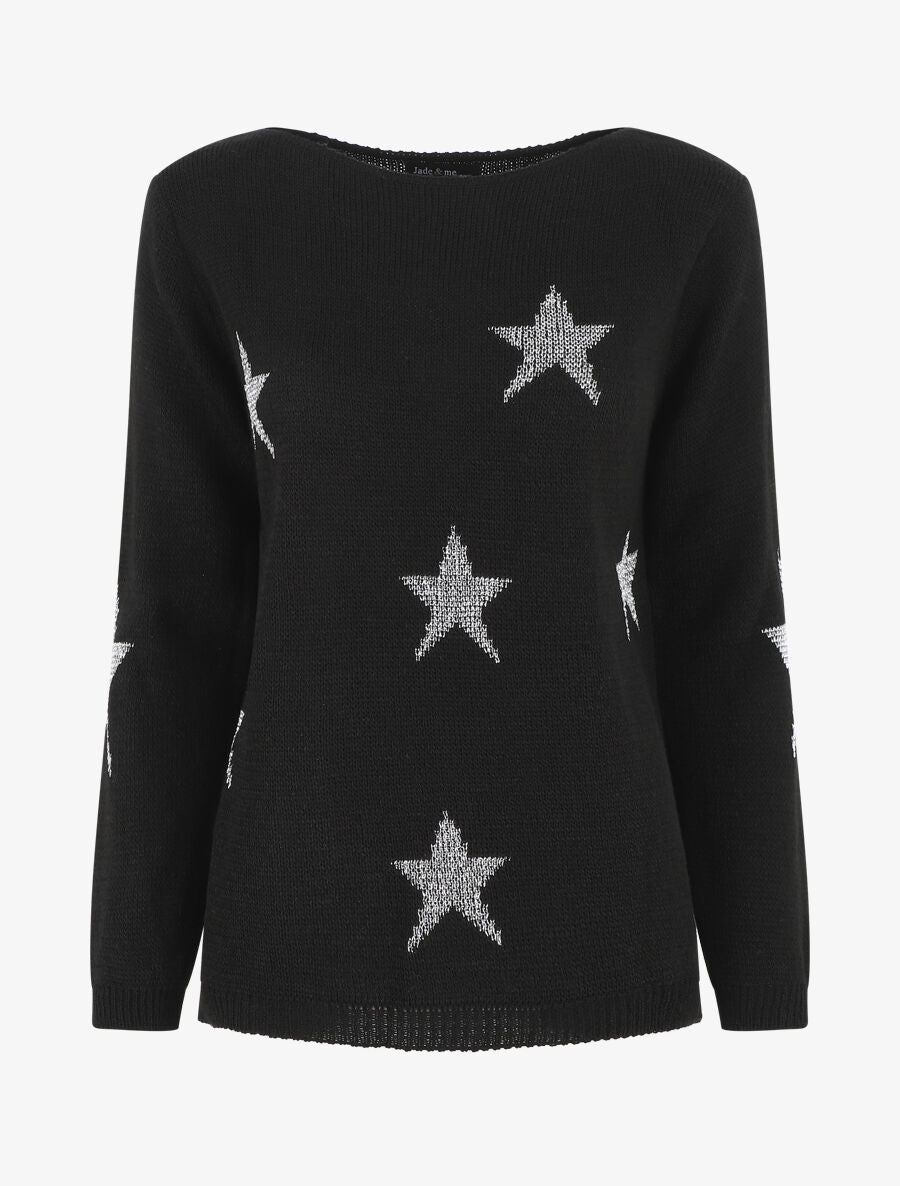 Pull droit motif étoiles - Noir - 1