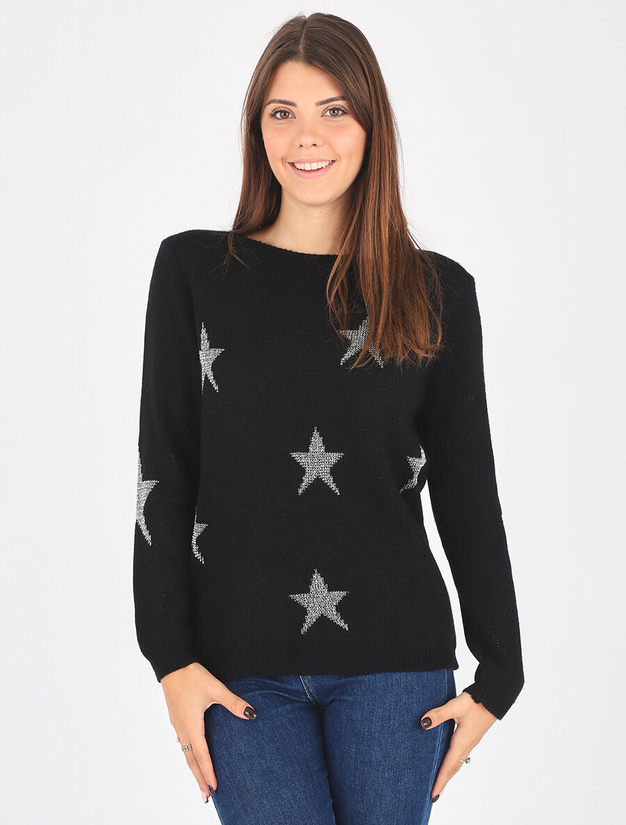 Pull droit motif étoiles - Noir - 4