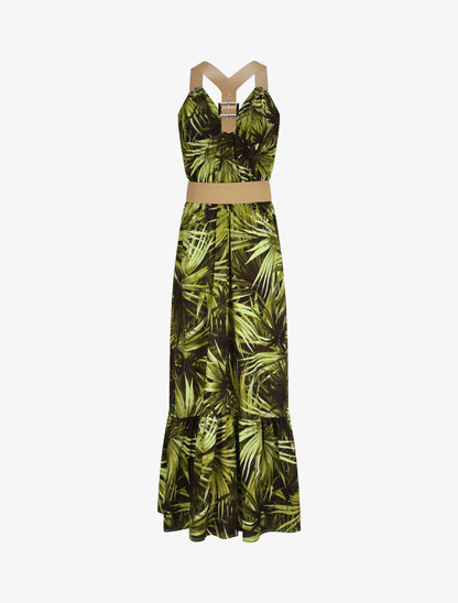 Robe longue coupe patineuse imprimé feuilles tropicales à bretelles en simili - Noir - 2