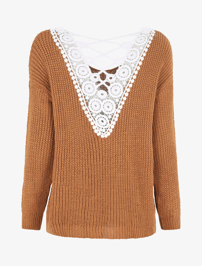 Pull droit col V dos en crochet - Camel - 5