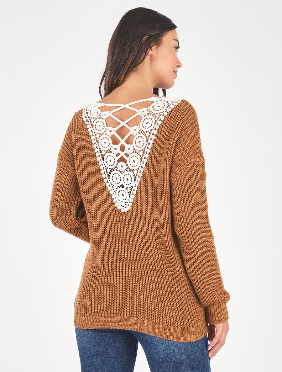 Pull droit col V dos en crochet - Camel - 2