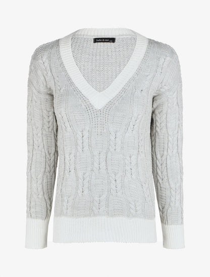 Pull droit col V en maille tressée - Gris clair - 1