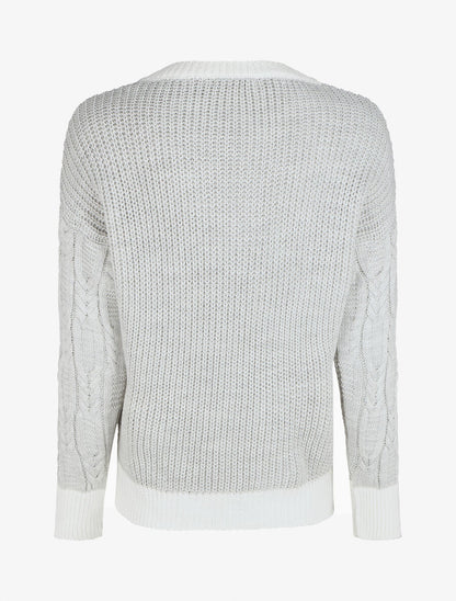 Pull droit col V en maille tressée - Gris clair - 2