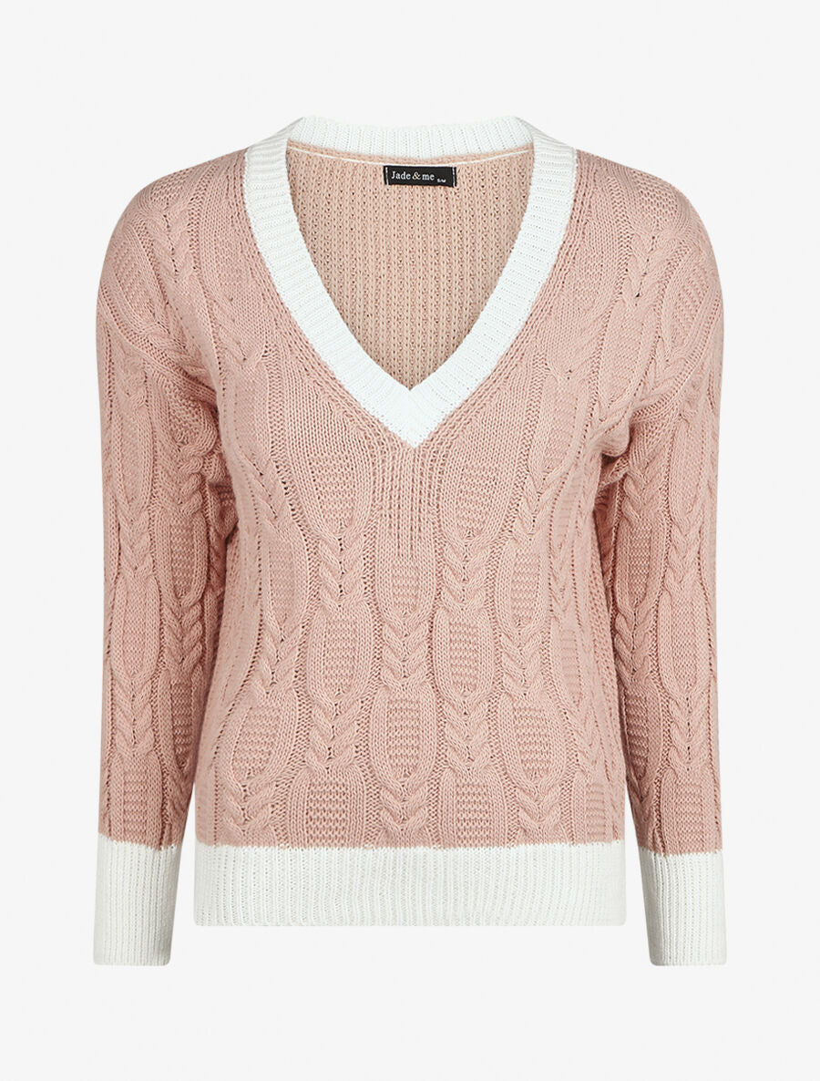 Pull droit col V en maille tressée - Rose - 1