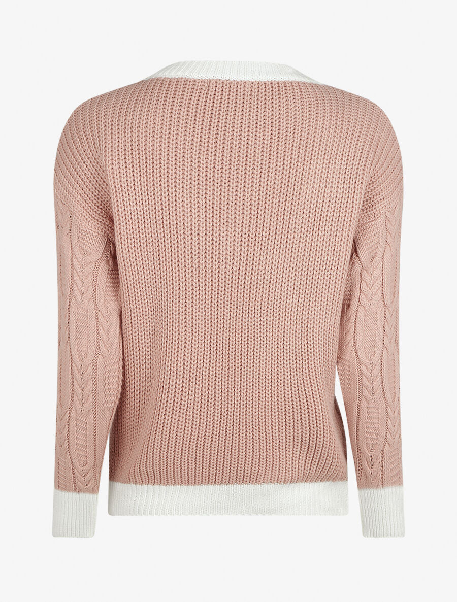 Pull droit col V en maille tressée - Rose - 2