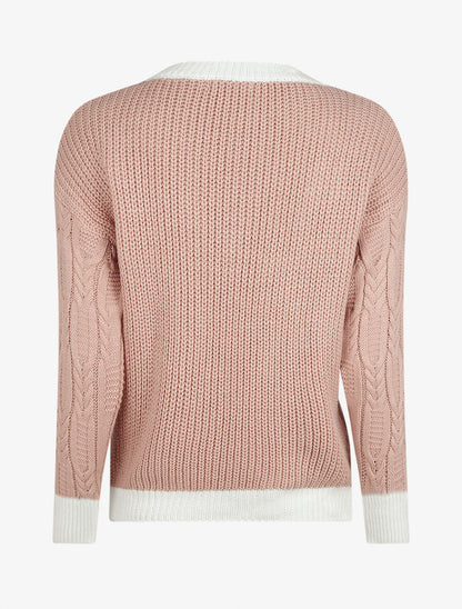 Pull droit col V en maille tressée - Rose - 2