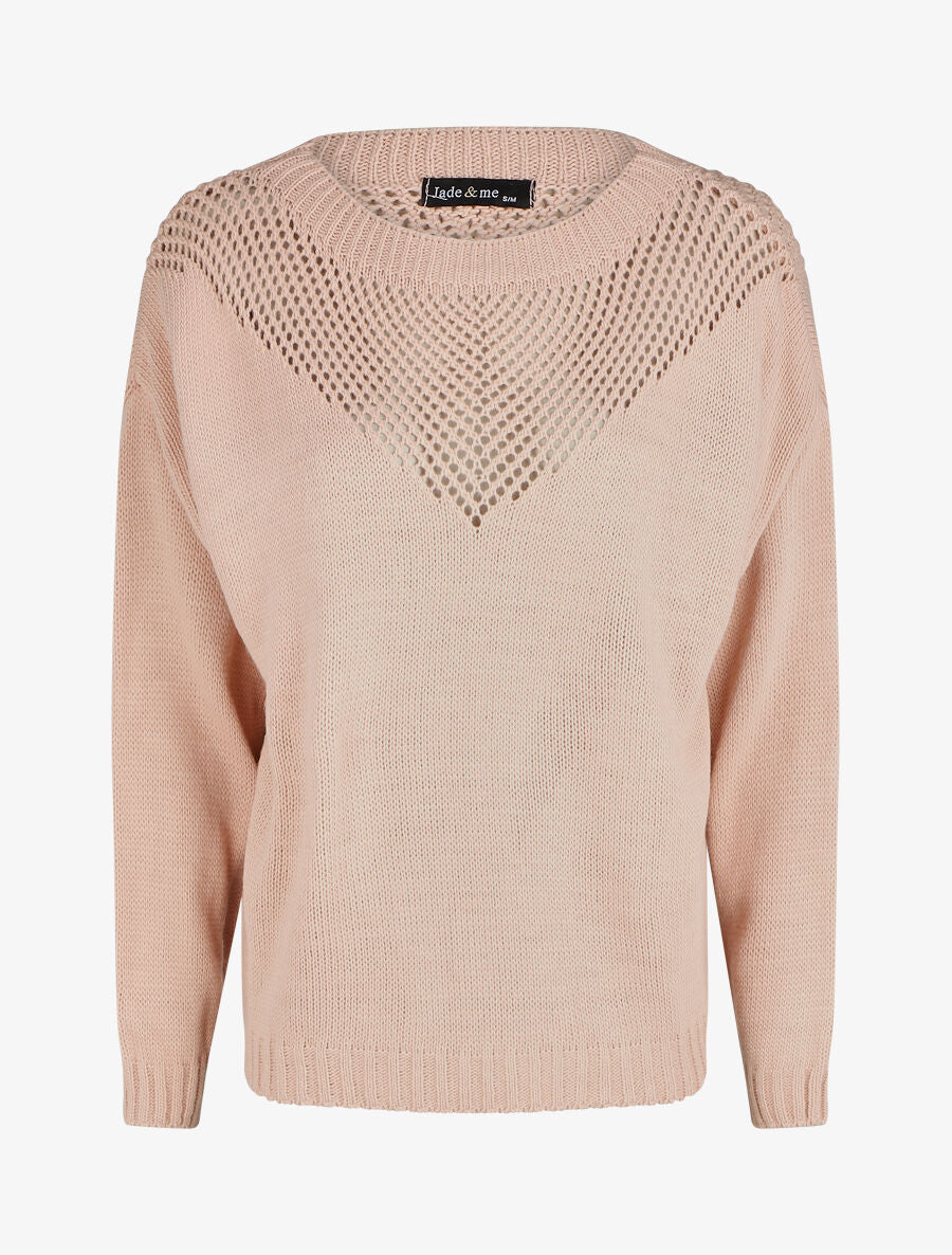 Pull droit col bateau en maille ajourée - Rose - 4
